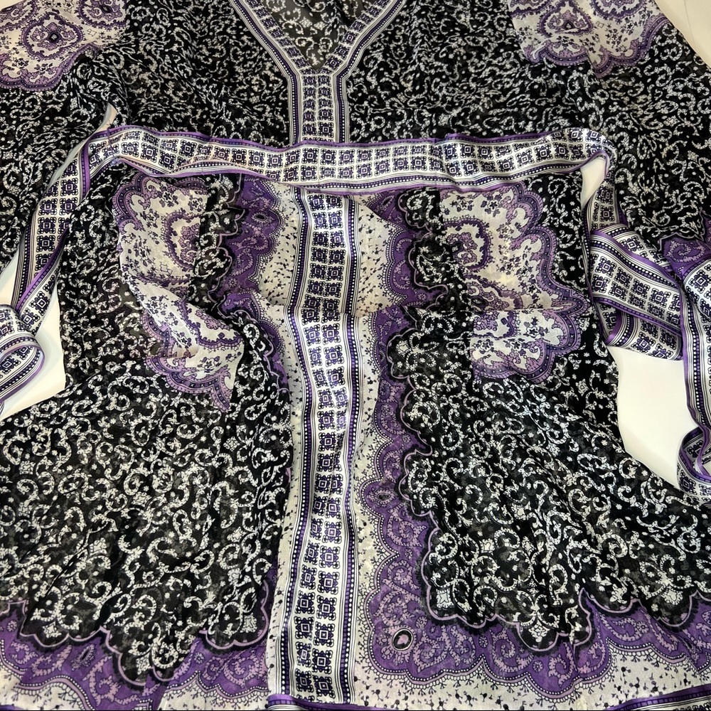 INC International Concepts  VNeck Long Sleeve Black Purple Sheer Silk Dress * 10 - Picture 14 of 15